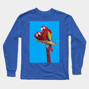 Red Macaw Parrot Watercolor Painting on Blue Long Sleeve T-Shirt